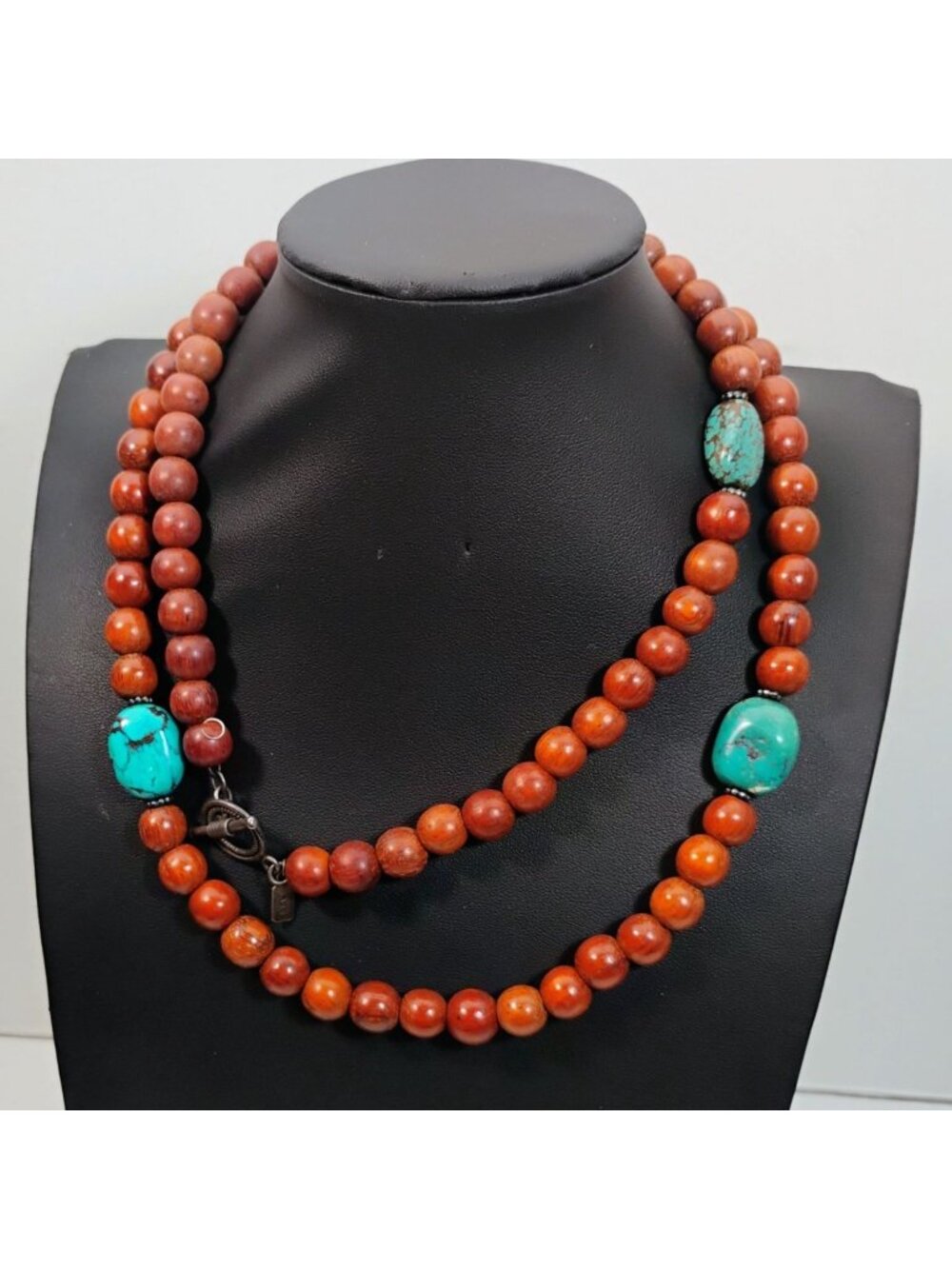 Signed Peyote Bird Designs Turquoise Nugget & Wood Bead Extra Long Necklace 36" - Picture 3 of 10